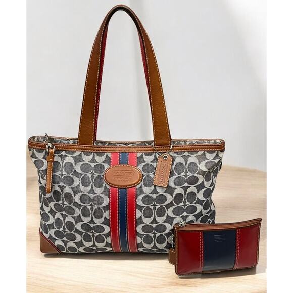 Vintage Coach 7023 Signature Denim Stripe Small Tote Bag & 8697 Skinny Wristlet - Picture 15 of 15